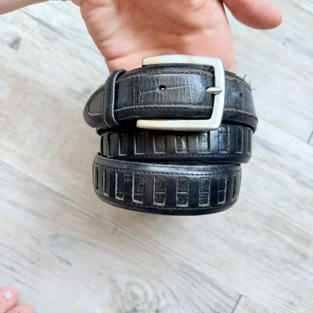 Vintage Black Genuine Leather Belt Textured Inlay Silver Buckle Size 36